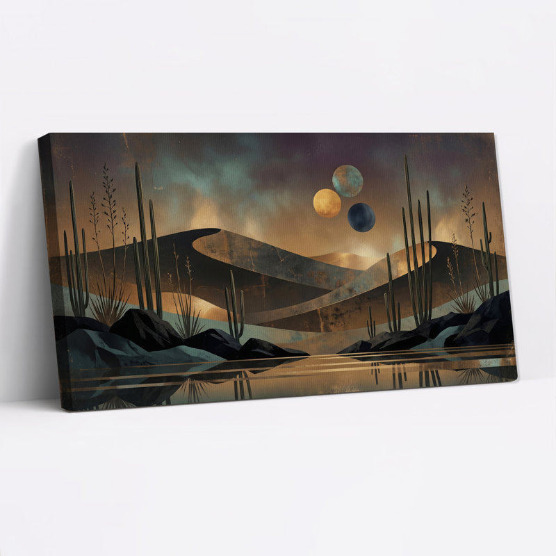 Tableau sur toile représentant un paysage désertique stylisé avec trois lunes, L 46 po x H 24 po