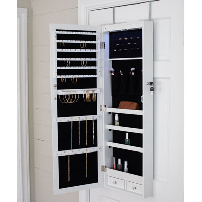 Hanging Jewellery Organizer - Lockable Storage Cabinet with Body Mirror & LED Lights, Door or Wall Mounted for Closet or Bedroom Dresser, Adjustable Height & Large Capacity - White