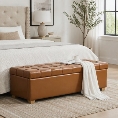 Upholstered PU Flip-Top Storage Bench with Tufted Design & Wood Legs