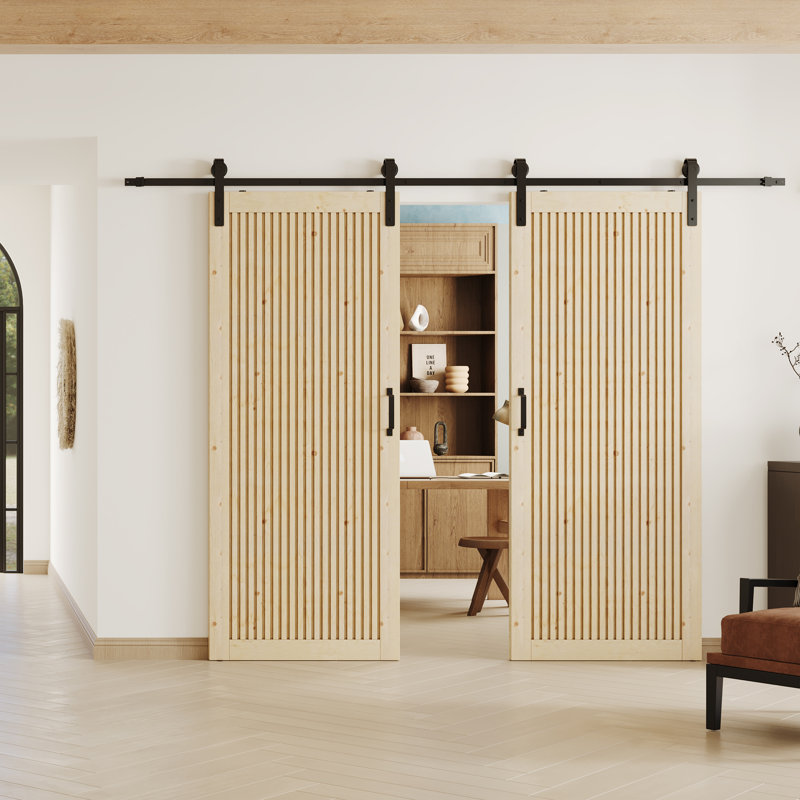 Wood Slat Panel Sliding Barn Door - Solid Wood Interior Door Include Installation Hardware Kit (Assembly required), 60” x 84"