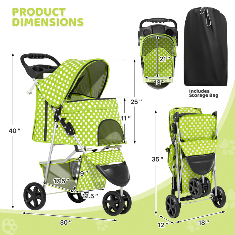 Foldable Pet Dog and Cat Stroller with Adjustable Canopy Storage Basket and Cup Holder for Small and Medium Pets, Green