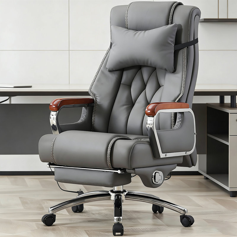 Chaise de bureau en cuir véritable gris foncé avec repose-pieds et repose-tête