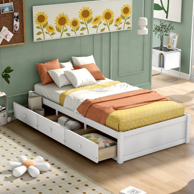 White Twin Bed With 3 Drawers And Solid Wood Structure - Ideal For ' Rooms 3 Platform In For A Tidy Bedroom