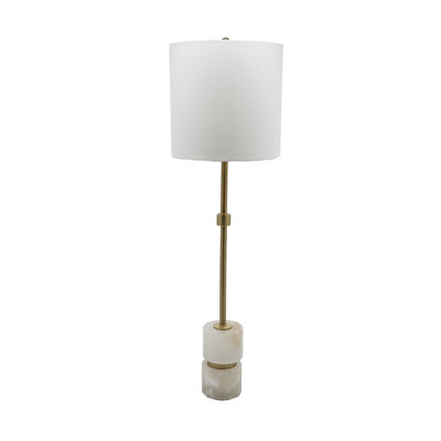 Ipori 34-Inch Alabaster and Metal Buffet Lamp with Cylinder Shade, White and Silver