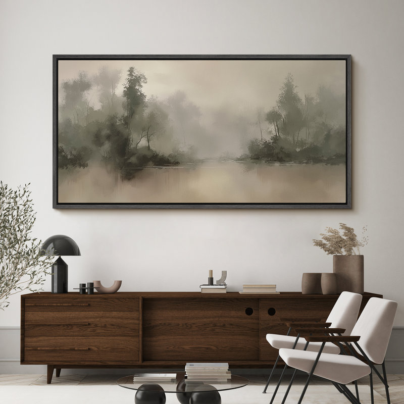 Large Framed Canvas Print Wall Art - Neutral Abstract Forest Landscape Print for Vintage Home Decor, Black, 30" H x 60" W