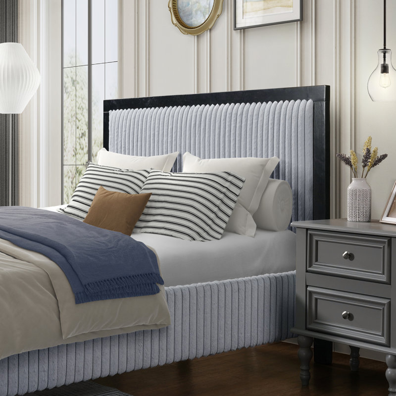 King Upholstered Bed, Fluffy Headboard, Black And Grey Design, Solid Rubber Wood Bed Frame, Silent Slats For Undisturbed Nights, Easy Installation In Bedroom Size Platform With Soft High - Strength