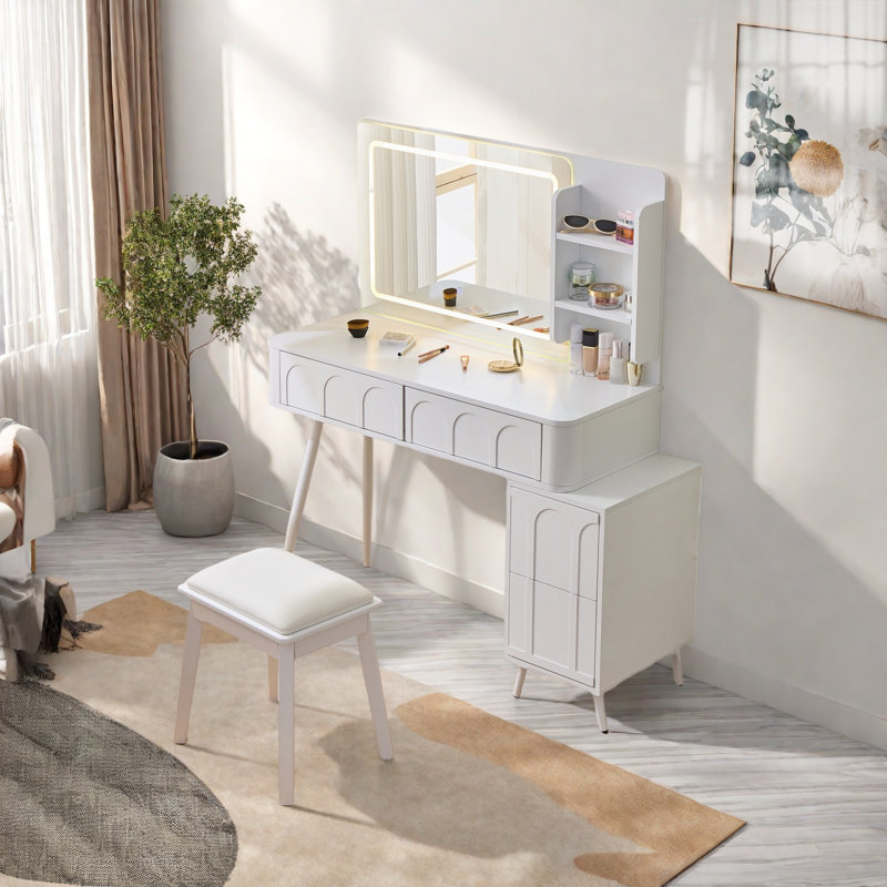 Ensemble de coiffeuse moderne avec tabouret, lumières DEL et miroir, 4 tiroirs, panneaux ondulés uniques et tablettes ouvertes