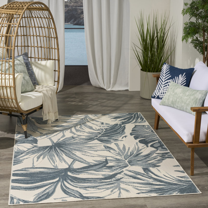 Floral Indoor/Outdoor Ivory Blue Area Rug, Rectangle 160 x 226 cm