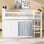 Lit mezzanine double avec armoire de rangement, garde-robe et DEL, lit mezzanine en bois massif avec échelle, garde-corps pour les adolescents-123140283