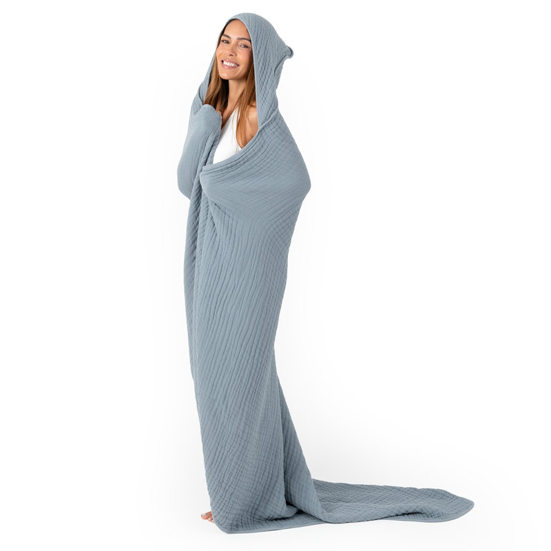 Comfy Cubs Adult Hooded Towel, Large Muslin Cotton Durable and Dual Function Wearable Blanket and Absorbent, Pacific Blue