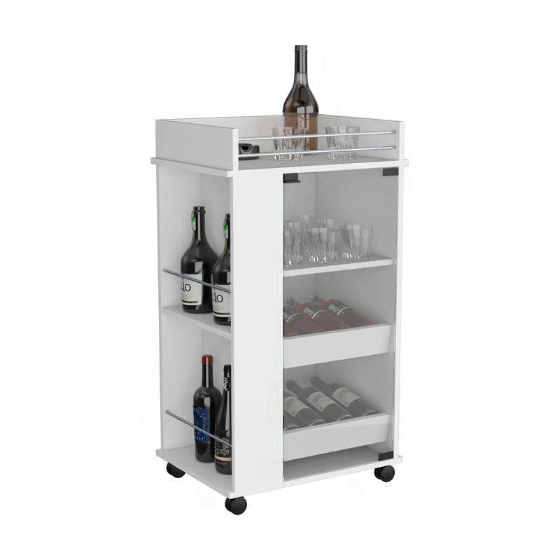Chariot-bar avec porte vitrée, 2 tablettes latérales et roulettes, Blanc