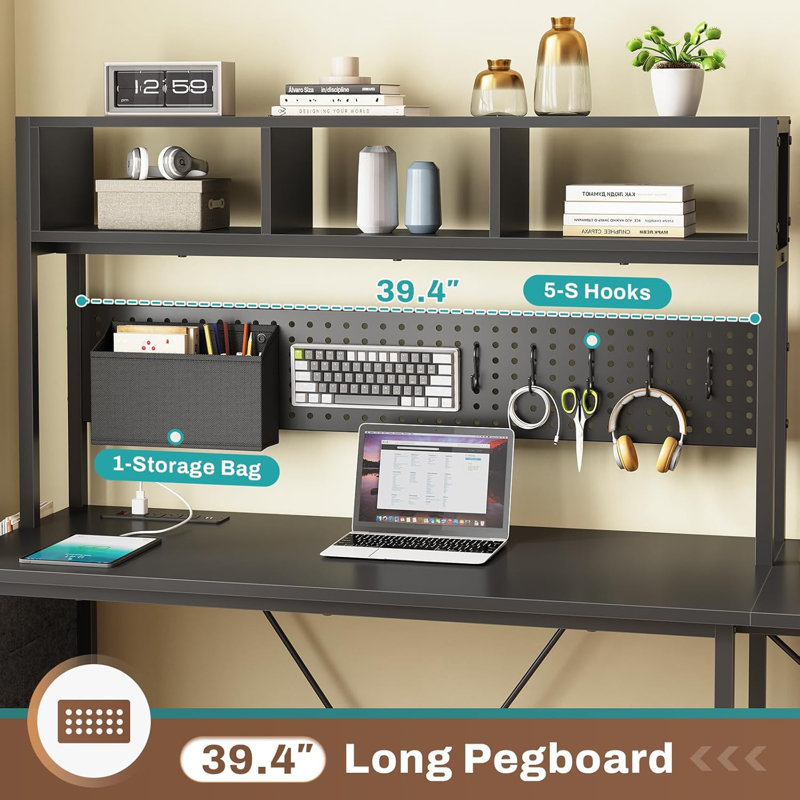L Shaped Gaming Desk With Hutch, 57.5” Reversible Corner Computer Desk With Storage Shelves, Gaming Desk With Pegboard, Led Lights, Power Outlet, Keyboard Tray