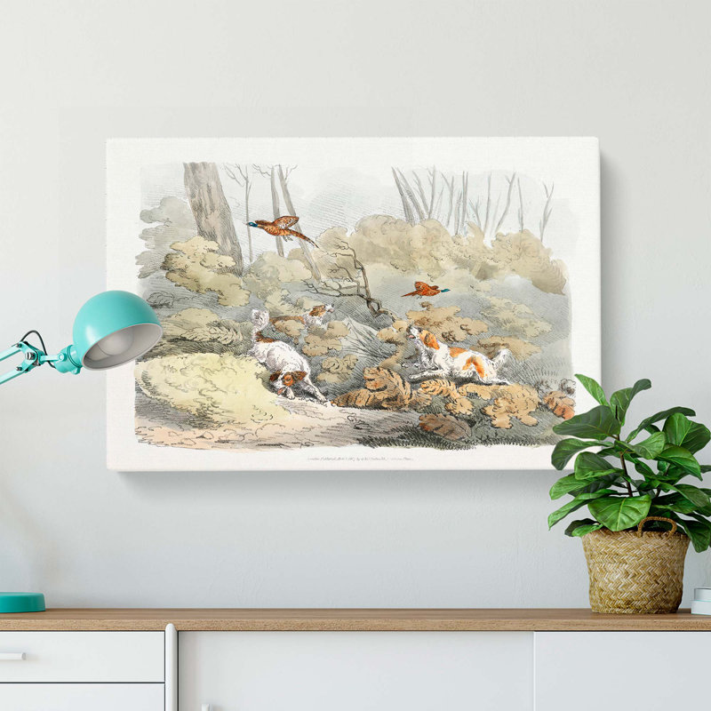 Dogs Chasing Pheasants by Ohara Koson - Wrapped Canvas Painting, 35cm H x 50cm W x 3cm D