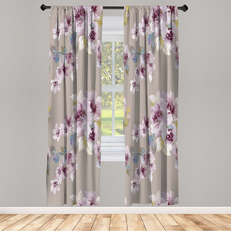 Microfiber Floral Semi-Sheer Rod Pocket Curtain Panels, 28" W x 84" L, Gray/Purple/White