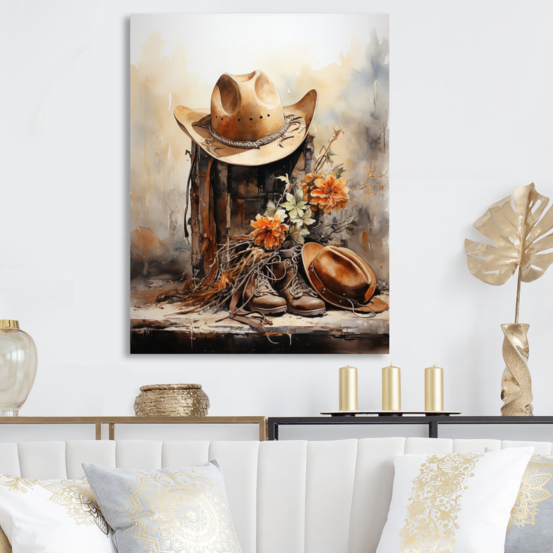 Minimalisme chapeau de cowboy et botte II - Cowboys, art mural en métal, salon, H 32 po x l 16 po