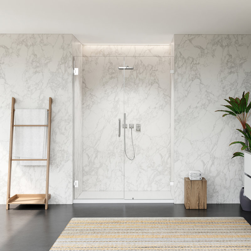 Brushed Gold Frameless Pivot Hinged Shower Door with Clear Glass