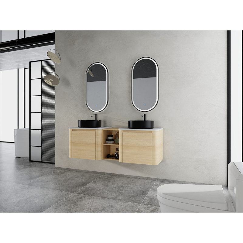 Meuble-lavabo mural 60 po avec lavabo d'art en céramique et 1 tablette de rangement, porte à fermeture en douceur, contreplaqué