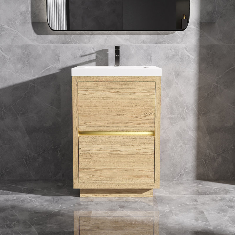 Meuble-lavabo autoportant en chêne naturel avec comptoir à surface solide en blanc, 24", Brun