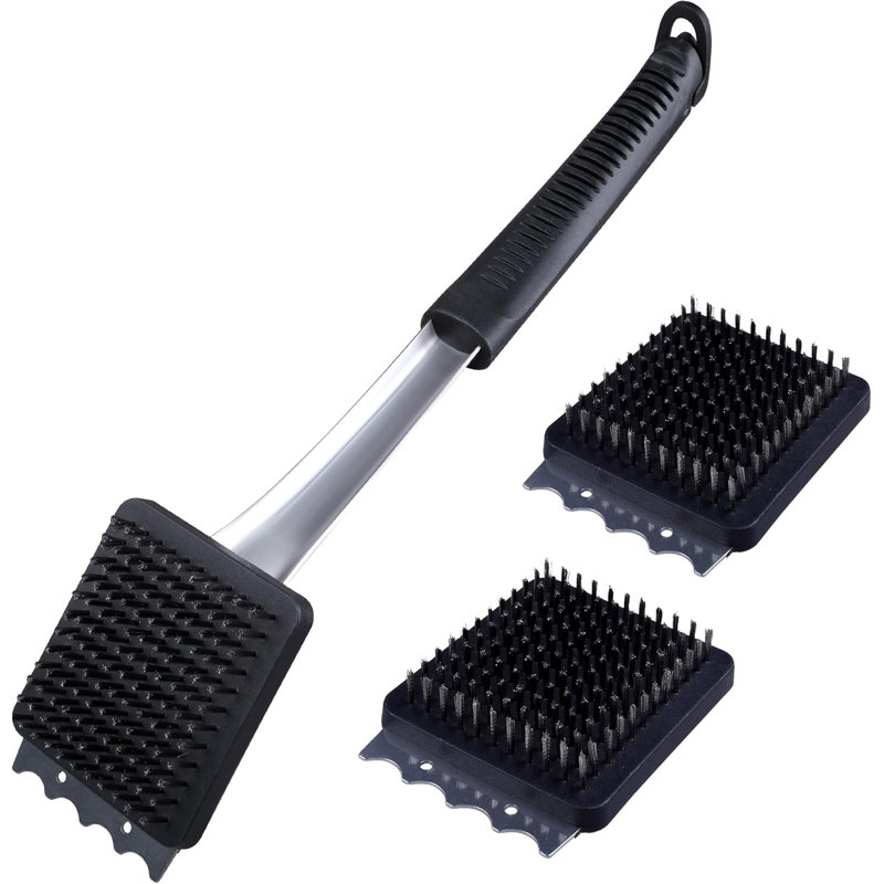 Ensemble de brosses et grattoirs à poignée longue Brand-man pour barbecue, plaque chauffante, grils, outil de cuisson, comprend 2 têtes supplémentaires remplaçables