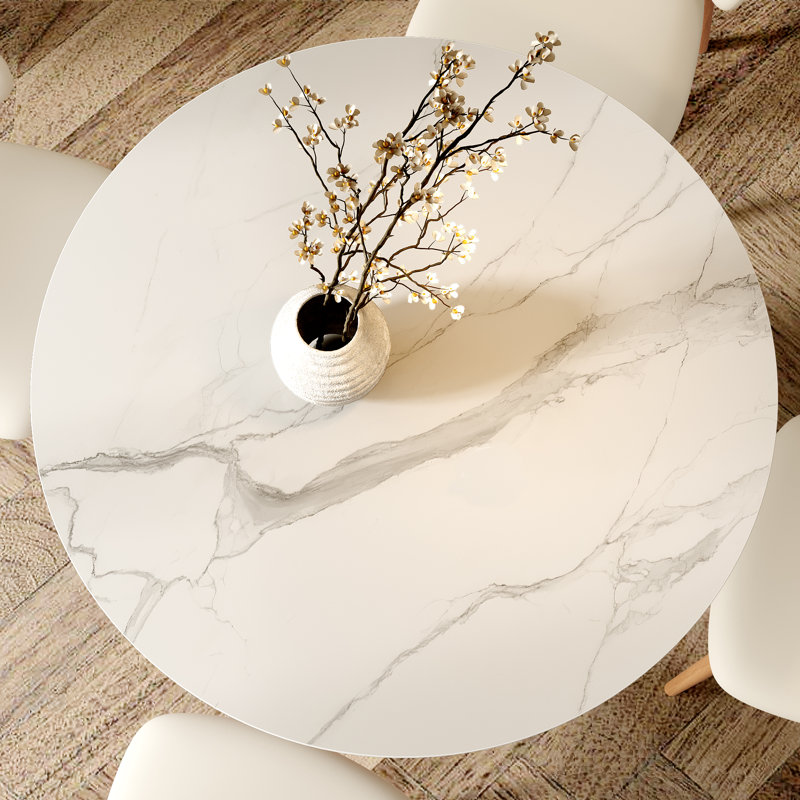 Table de salle à manger Mid-Century, H 29,52 po x L 43,30 po x l 43,30 po, Blanc neigeux