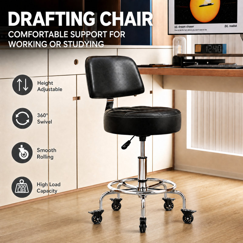  Lockable Rolling Stool with Back Support and Foot Ring, Ergonomic Hydraulic Adjustable Stool, Thick Cushioned Seat with Wheels for Home Office, Small Workspace, Drafting Desk