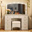 Meuble-lavabo luxueux avec 10 ampoules Hollywood, 3 modes d'éclairage couleur, une coiffeuse classique avec tabouret rembourré et 9 tiroirs de rangement pour la chambre à coucher, blanc