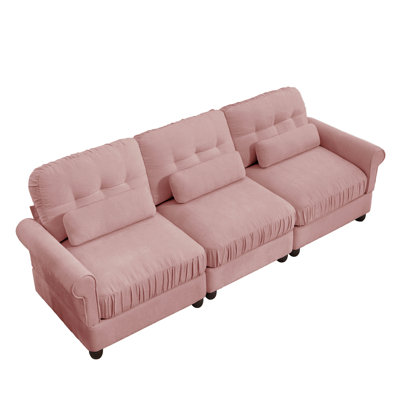 Canapé 3 places en chenille de 250 cm avec bords d'assise froncés, accoudoirs arrondis et coussins de soutien lombaire, coussins fermes et moelleux, canapé capitonné pour salon, salle familiale et chambre à coucher