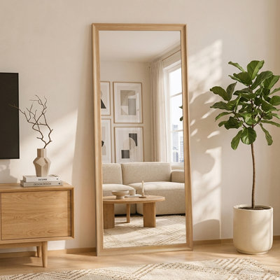 Full Length Mirror with Wood Grain Frame HD Shatterproof Floor Leaning Wall Mounted Mirror