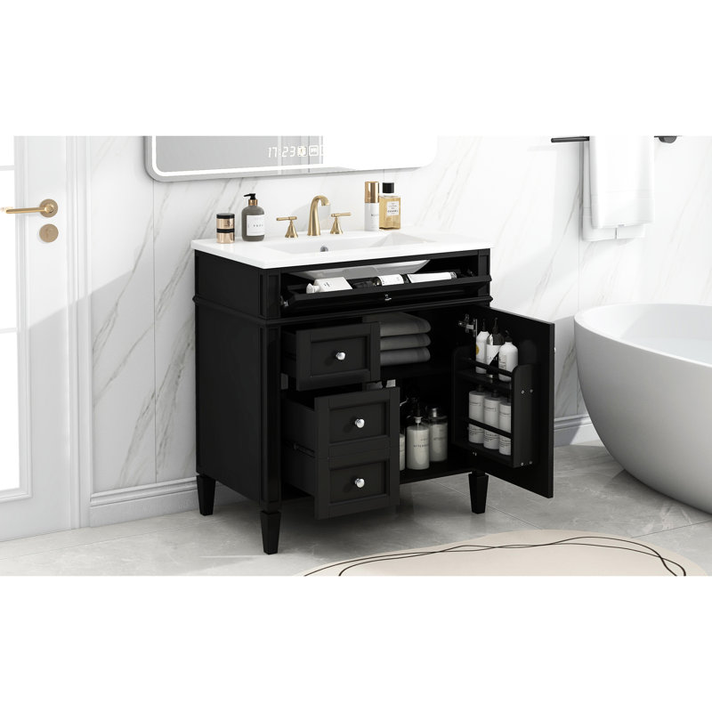Meuble-lavabo moderne 30 po, lavabo avec 2 tiroirs et tiroir coulissant, meuble-lavabo avec rangement pratique, Noir