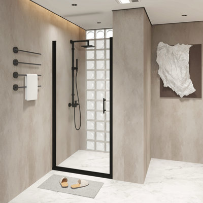Pivot Shower Door, Matte Black Aluminum Frame, Half Frame ,1/4"(6Mm) Tempered Glass Explosion Proof Film