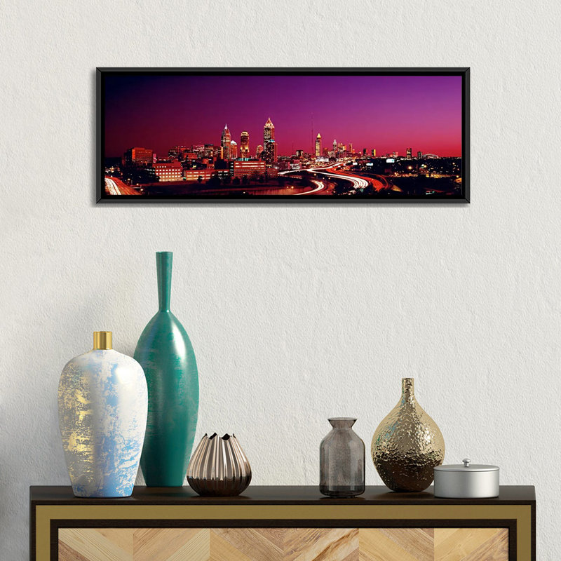 «Panoramic Atlanta, Georgia, Night», reproduction de photo sur toile, H 20 po x l 60 po x P 1,5 po, Cadre noir