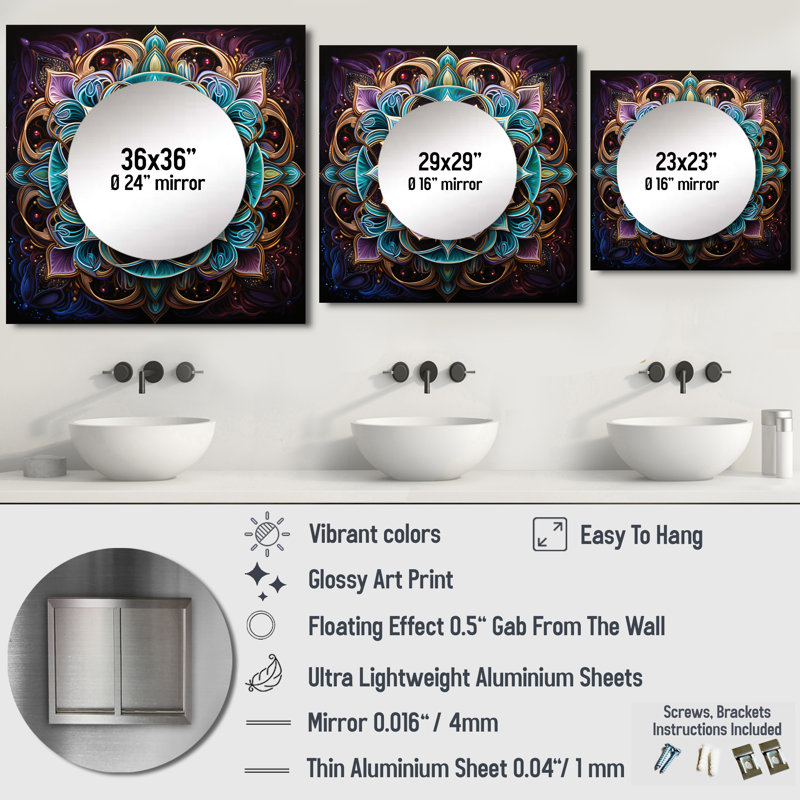 Ancien mandala magique coloré - grand miroir carré Boho Mandala pour décoration murale, 29 po x 29 po