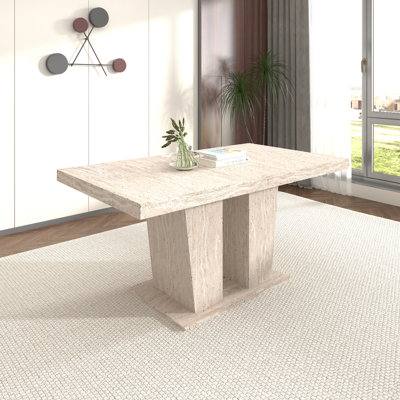 Table de salle à manger rectangulaire extensible, convenant pour 6 à 10 personnes, avec motif de travertin veiné, dimensions 160 à 200 cm, simple et élégante.