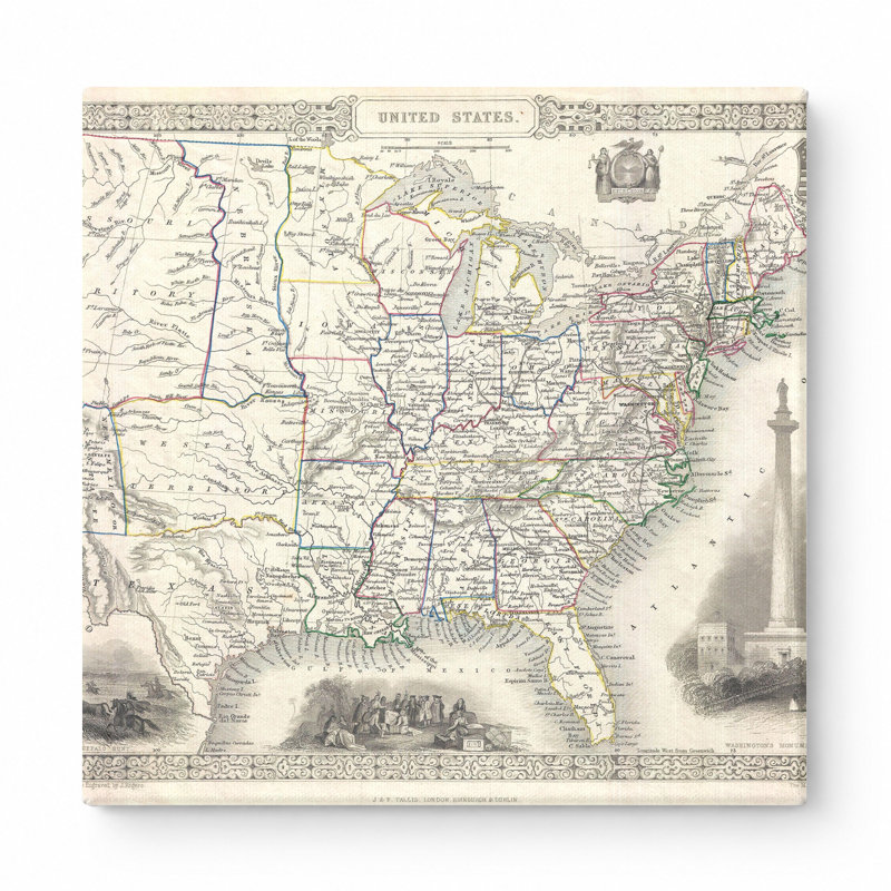 Carte des États-Unis (1851) - art mural carré sur toile