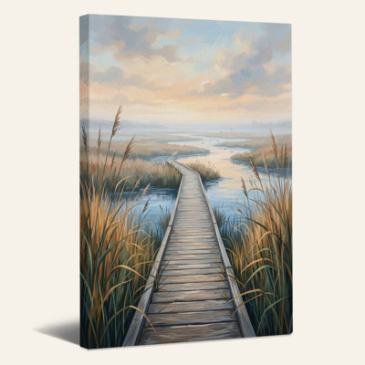 Art mural en bois, promenade en bois à travers les marais au coucher du soleil