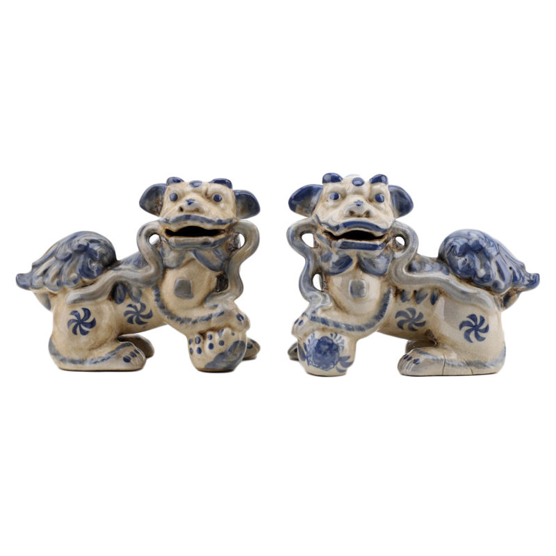 Small Pair of Lucky Foo Dog Figurine, Blue/Cream, 5.5" H x 7" W x 3.5" D