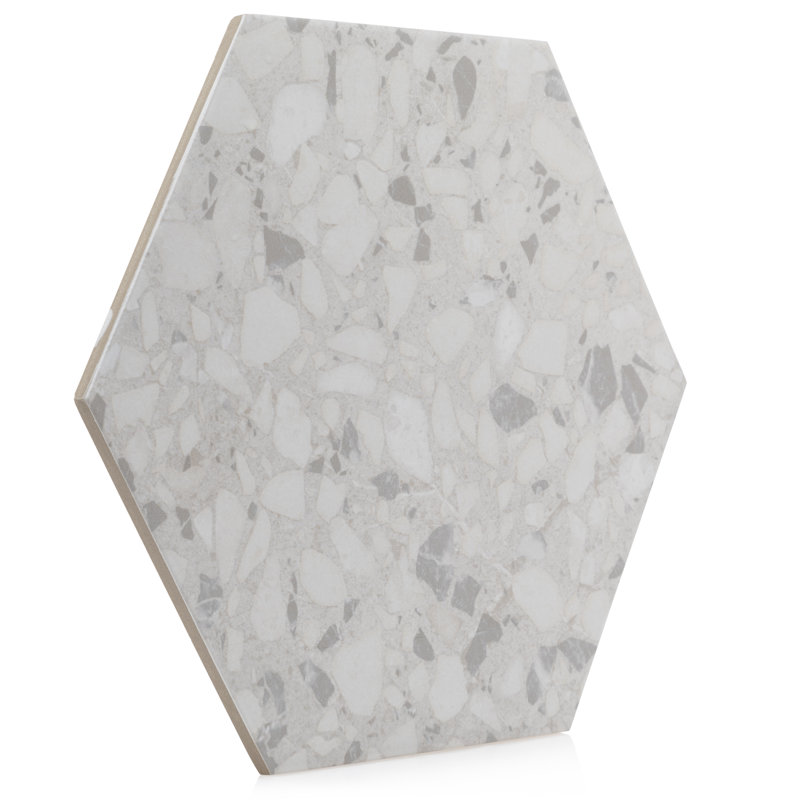 Carreau de sol en porcelaine à usage unique 11 po x 9 po Terrazzo Hexagon, Blanc