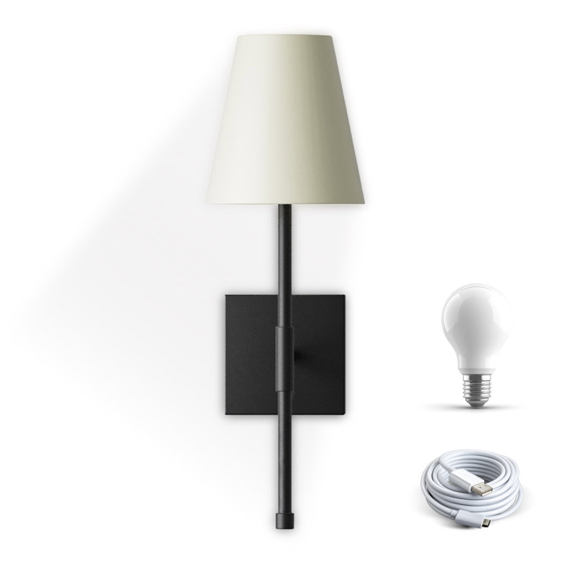 Bell + Howell Rechargeable Wall Light Sconce With Fabric Shade And Dimmable Features, Black
