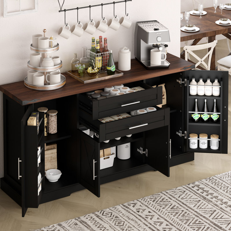 63" Buffet With 2 Drawers, Door Rack, Adjustable Shelves For Dining Room, Entryway, High - Quality Hinge, Safe And , Black Barn Table 4 Doors, Kitchen Smooth Drawer Slides, Stable