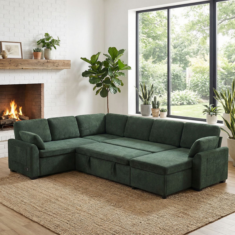 Canapé-lit modulaire convertible en U avec méridienne réversible et poches de rangement pour le salon, Chenille verte