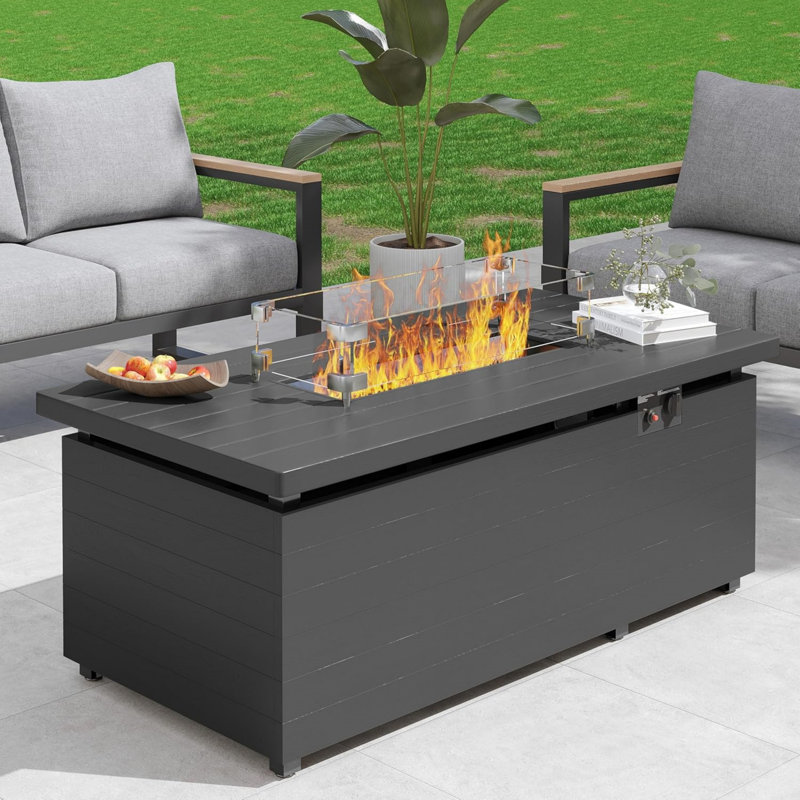 Table de foyer d'extérieur au propane en métal H 51 po x l 21 po avec couvercle, cristaux, Gris