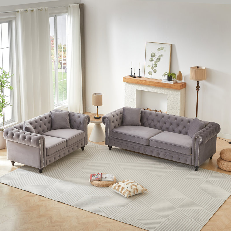Velours gris à 5 places avec style, structure en pin massif et 4 coussins confortables de style appartement rembourrés de ressorts doux