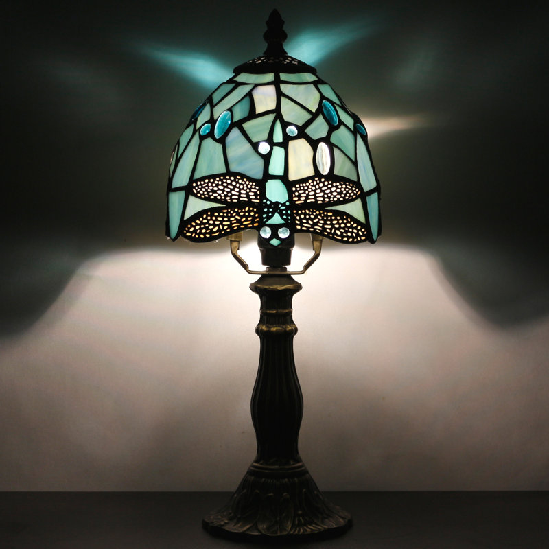 Small Tiffany Lamp Mini Stained Glass Accent Table Lamp Dragonfly Style 6X14.6 Inch, Sea Blue