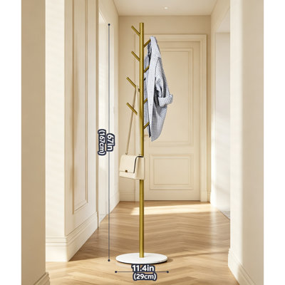 Freestanding Metal Coat Rack, 8 Hooks, 3 Adjustable Heights, Modern Hall Tree, Sturdy Sintered Stone Base, Gold Finish, for Hallway, Office & Bedroom, Ideal for Coats, Hats and Bags
