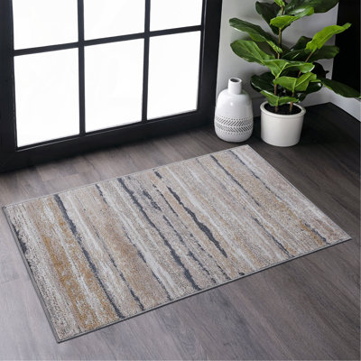 Tapis 8X10 ivoire / bleu / rayé non délesté pour le salon, la salle à manger, le bureau à domicile, le tapis élégant et résistant aux taches