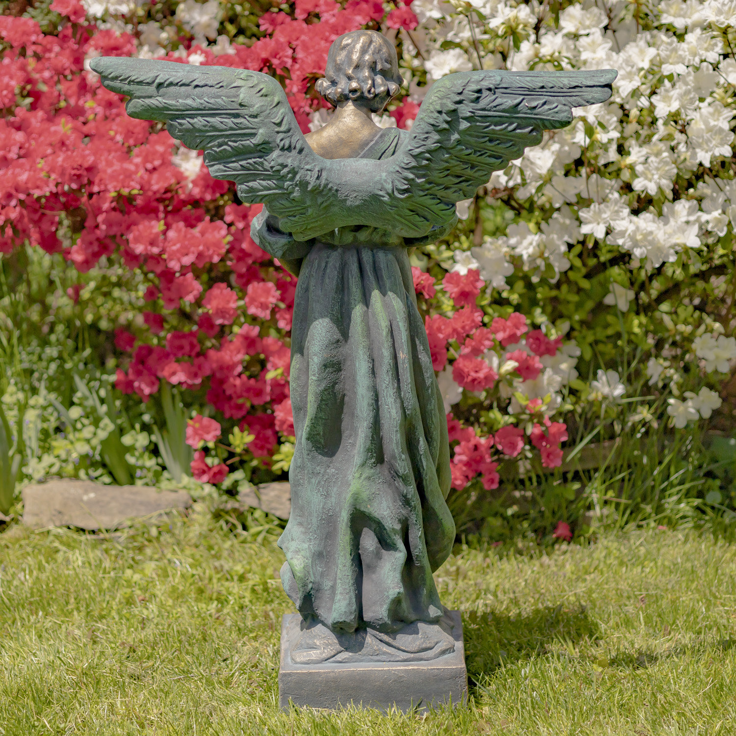 Statue ange avec oiseau et fleurs - pour intérieur et extérieur
