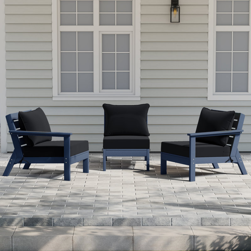 3-Piece Deep Seating Set With Cushions, Black, Navy Blue