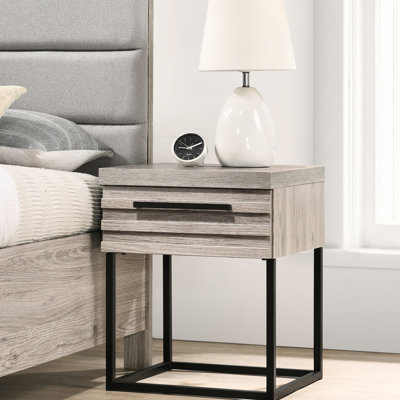 Contemporary Nightstand - Gray Metal Base Spacious Bedroom Storage Drawer With Weathered Ash Unit