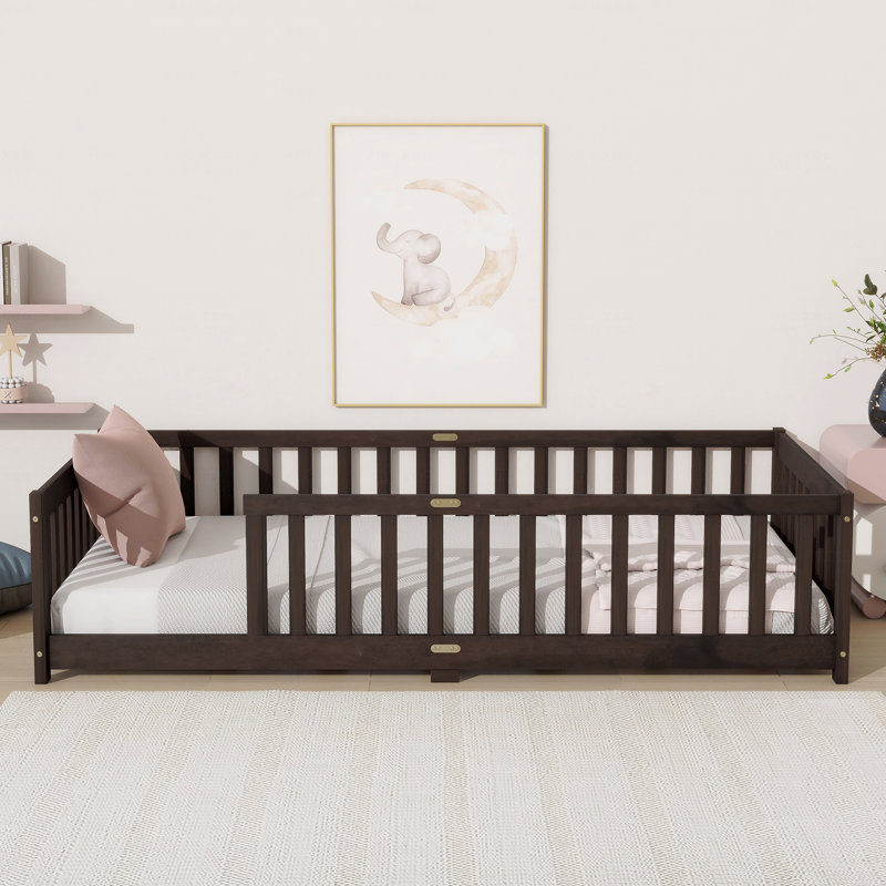 Twin Size Floor Bed Frame With Fence Without Door, Rubber Wooden Frame Material Floor Bed Frame With Safety Guardrails