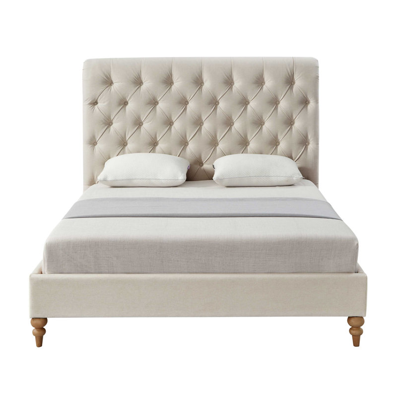 Grand lit plateforme moderne en lin Elegance Kylah, Beige, Simple